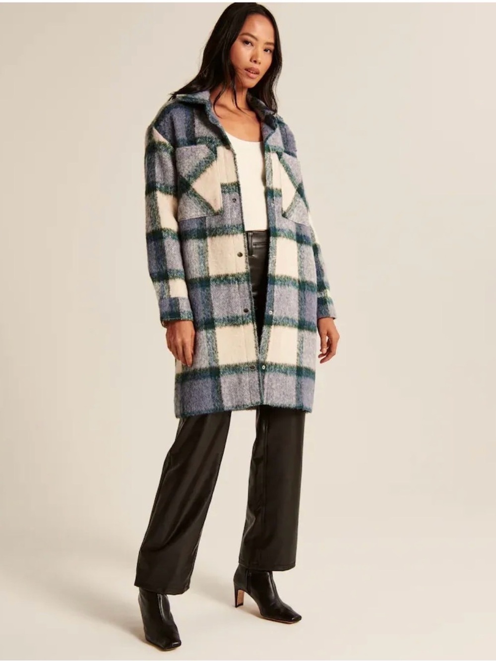 Abercrombie & Fitch Blue, Cream & Green Plaid Mid-length Shacket